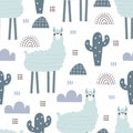 Seamless pattern with cartoon llamas, decor elements. colorful vector for kids, flat style. hand drawing. animals.